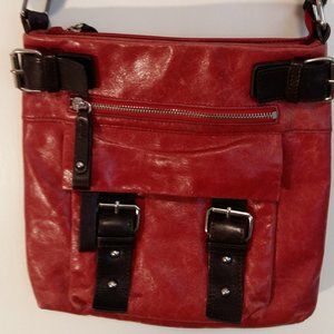 DANIER LEATHER red bag with brown buckles.  Great condition!